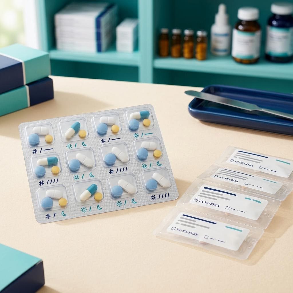 Medication blister cards and clearly organized dose packets.