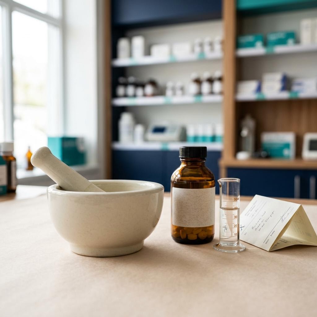 Mortar and pestle with an amber medicine bottle and measuring tools.