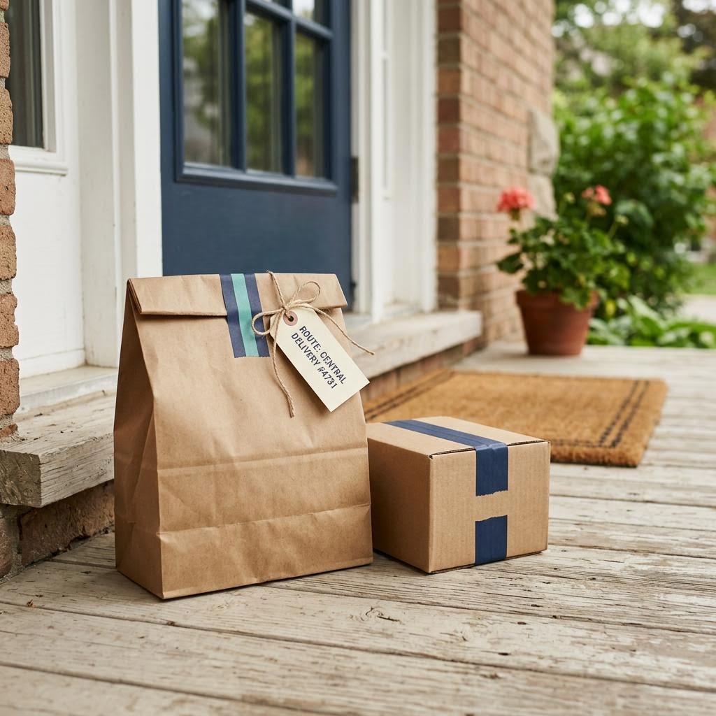 Sealed pharmacy delivery bag and parcel box arranged by a doorway.