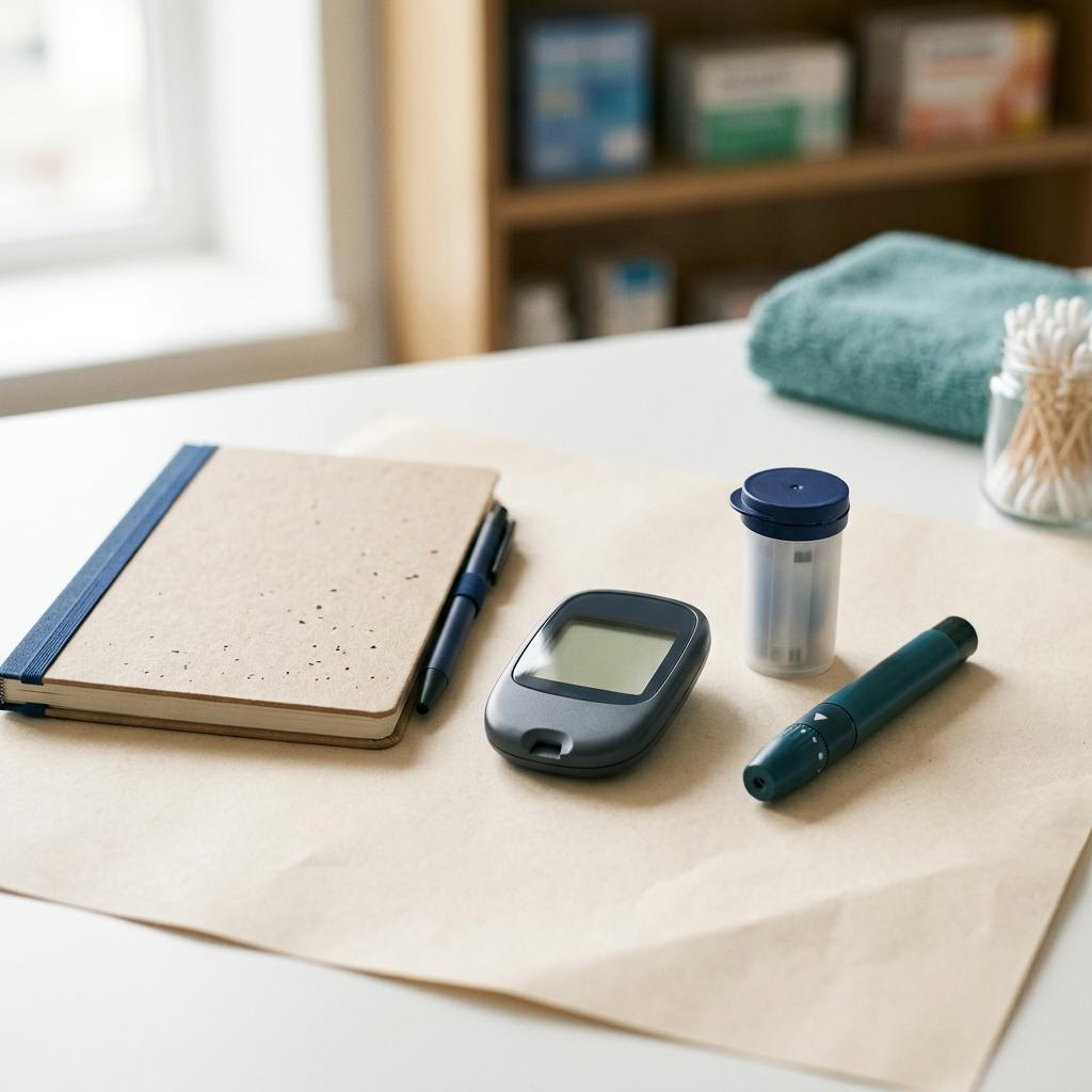 Blood glucose meter, test supplies, and tracking notebook.