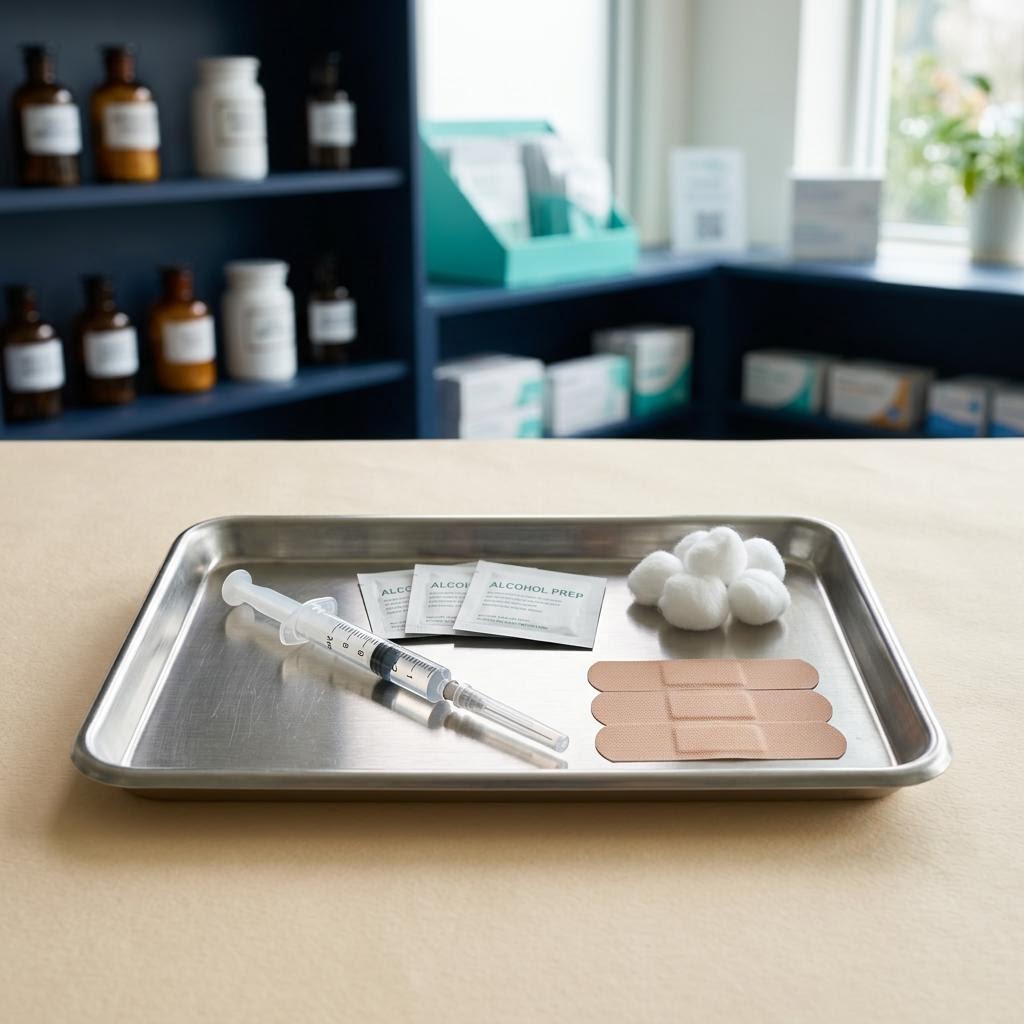 Capped flu immunization supplies arranged on a stainless tray.
