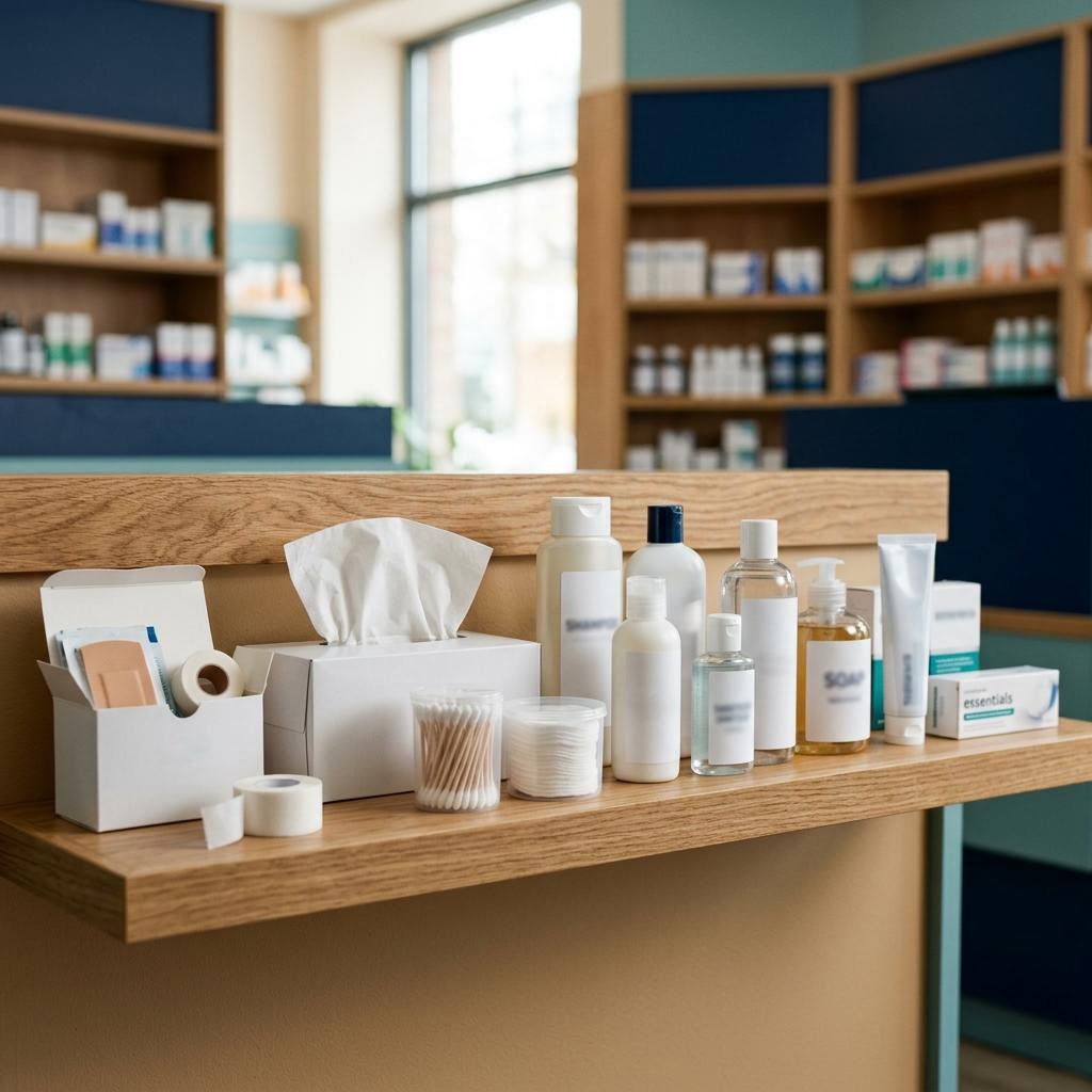 Everyday first-aid, personal-care, and wellness products arranged on a shelf.