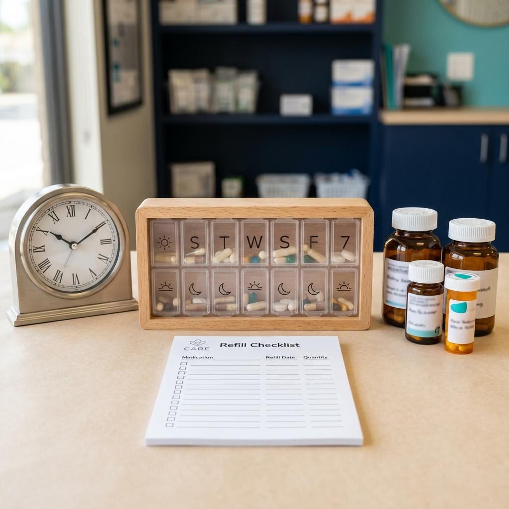 Medication organizer, refill checklist, clock, and grouped prescription bottles.