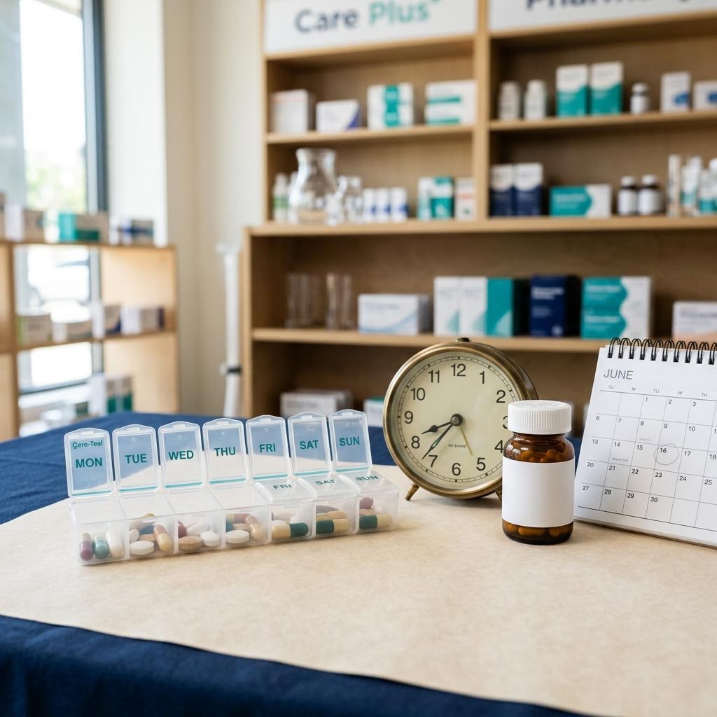 Weekly medication organizer beside a clock and calendar.