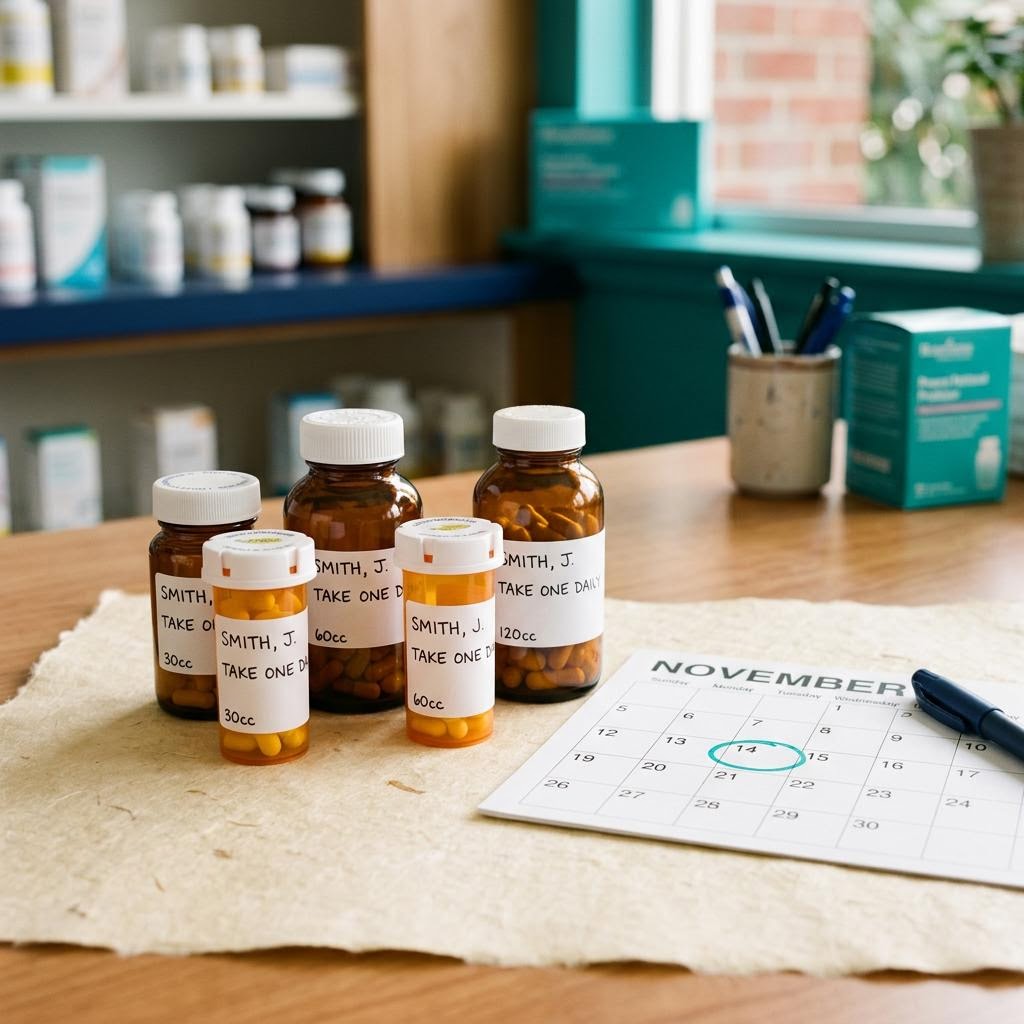 Prescription bottles grouped beside a calendar with one coordinated date.