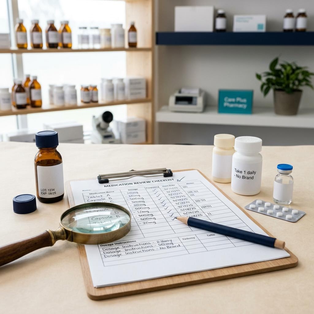 Medicine containers beside a clipboard, checklist, and magnifying glass.