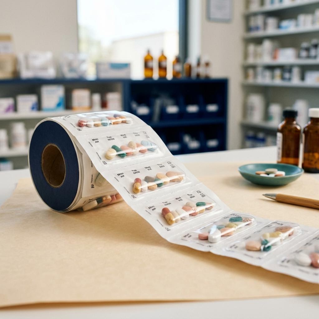 Roll of individually sealed medication packets organized by dose time.
