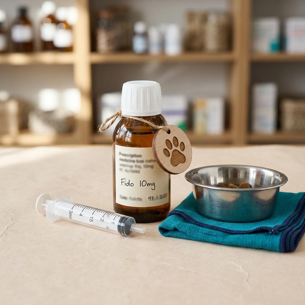Veterinary medicine bottle, pet dosing syringe, and stainless pet bowl.