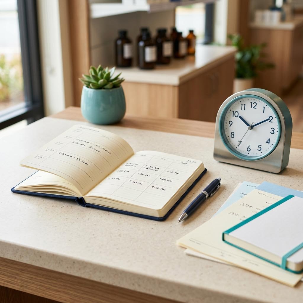 Appointment planner, desk clock, pen, and pharmacy consultation notes.