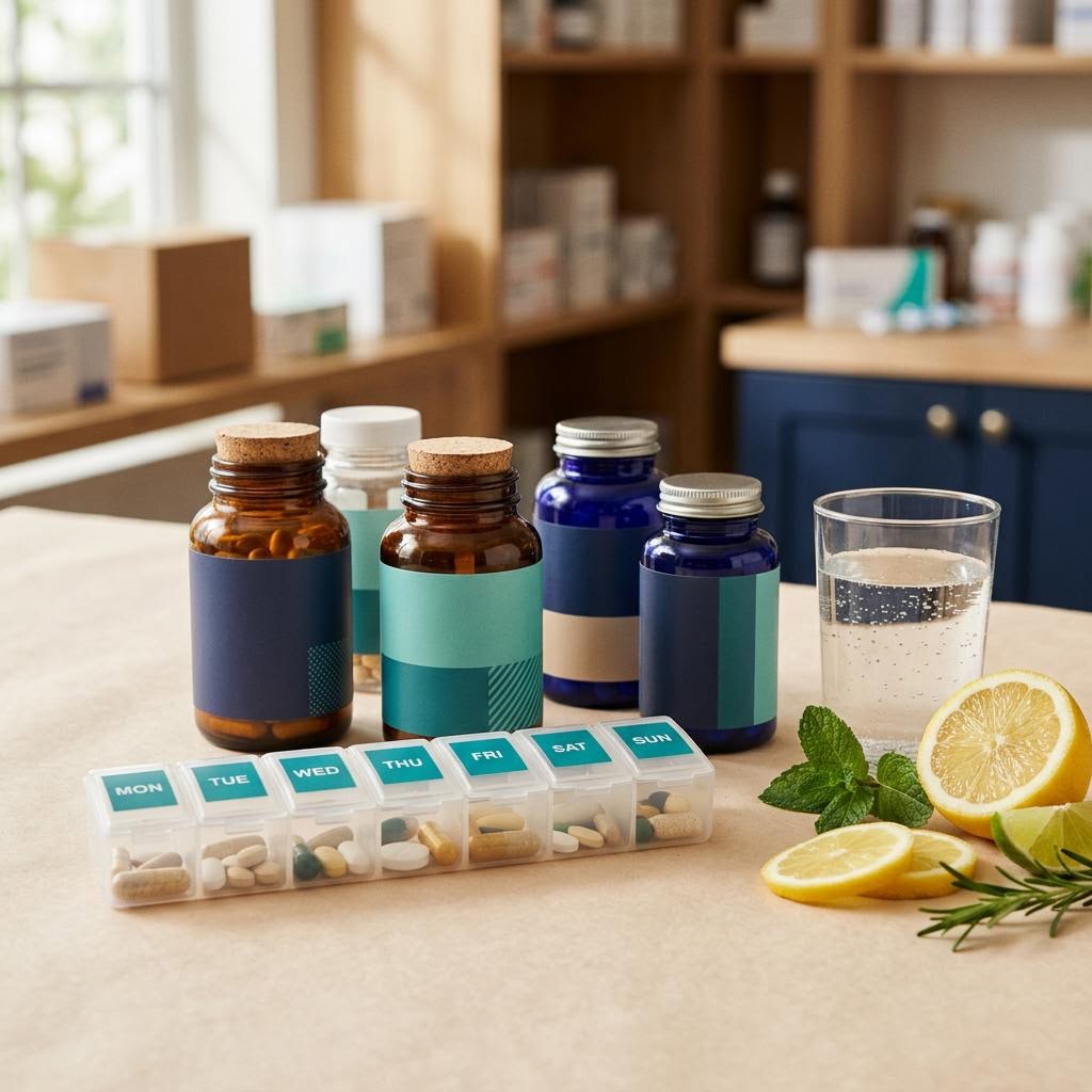 Vitamin bottles, weekly organizer, water, and citrus on a pharmacy counter.
