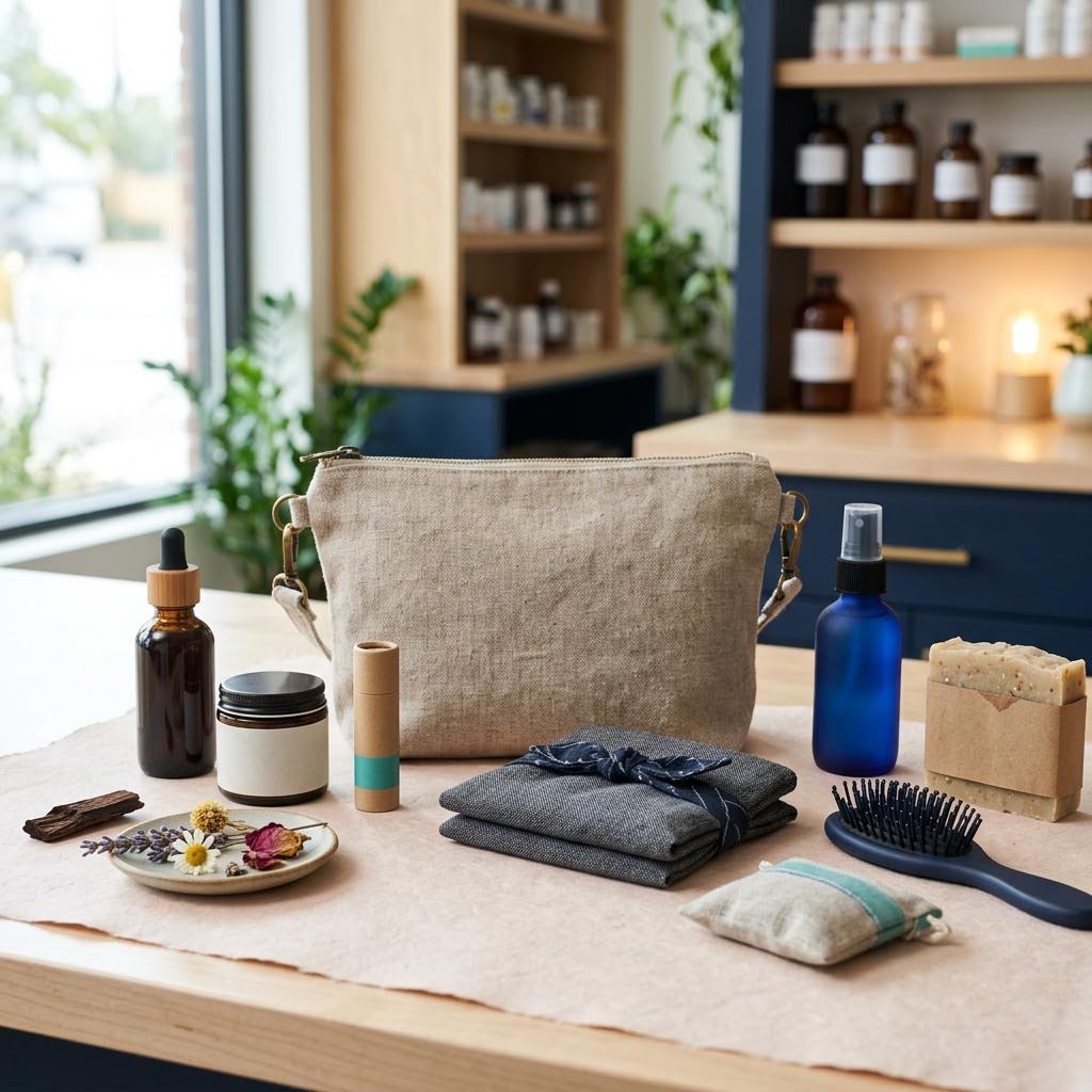 Women’s wellness and personal-care products arranged with a small pouch.